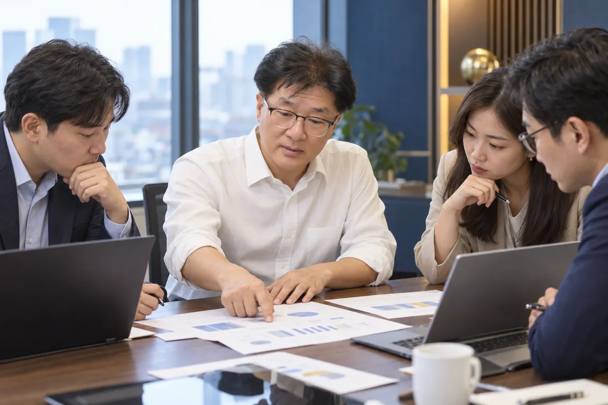 전문가들과 자료를 검토하는 회의